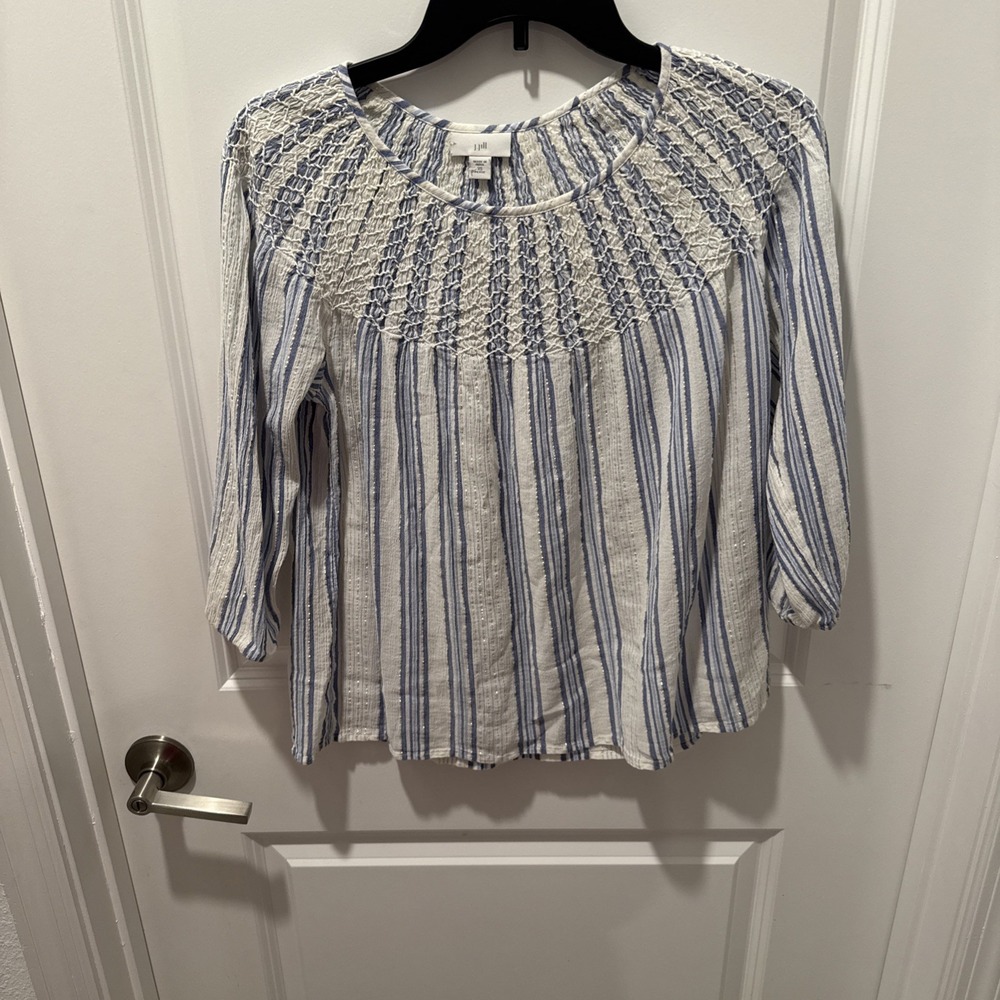J Jill Blouse Tunic Ivory Blue Striped Gold Thread Detail Spring Summer XS